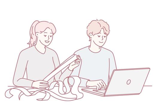 creativo tela medición, amistad y preciso medición durante diseño colaboración sesiones vector