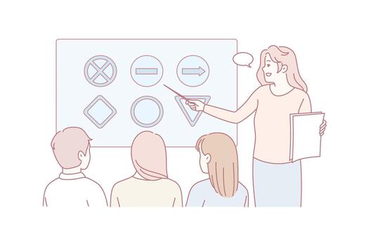 female educator explains geometry concepts, teacher engaging students with shape lessons in class vector