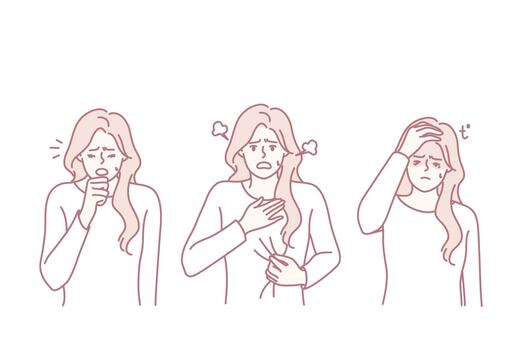 woman displaying sneeze cough and eye rub across three panels, sequence shows symptom progression from sneeze to coughing to eye irritation, seasonal allergy or cold scenario, soft vector