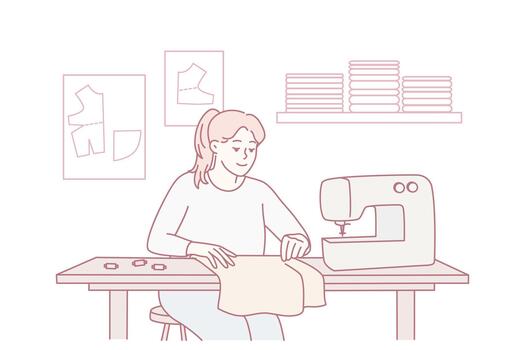 Craftsman carefully stitching fabric at machine amidst essential tailoring tools in artisan studio vector