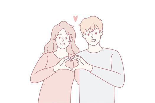 Smiling duo forming affectionate gesture, Couple creating heart sign with cheerful expressions vector