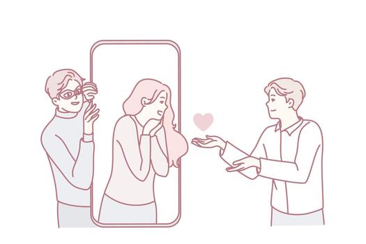 simple line drawing of virtual call featuring affectionate gestures and surprised expressions vector