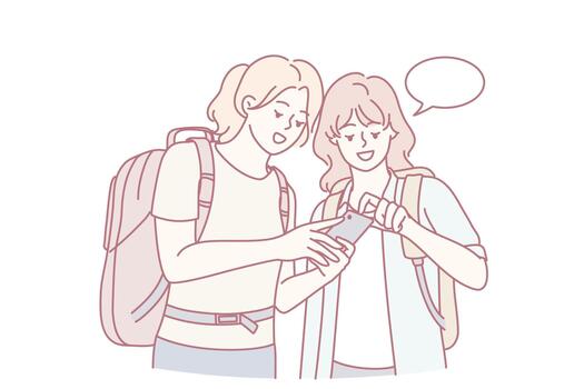 youthful travelers enthusiastically navigate urban environments using electronic guides, teenagers equipped with backpacks and digital devices joyfully interpret city maps collaboratively vector