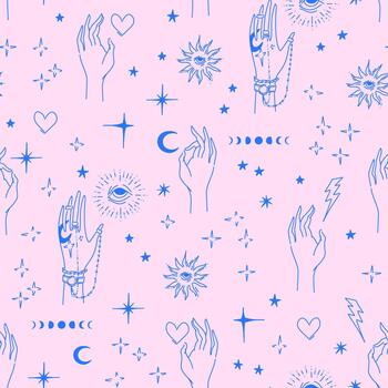 Seamless tattoo style pattern with the image of hands, heart, stars and a solar symbol with an eye. Magic Design, Illustration. vector