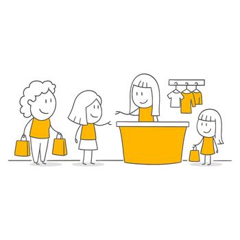 A smiling seller is communicating with customers at the store counter. vector