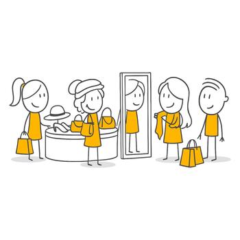 Four Individuals Seeking Opinions While Trying on Clothes in Front of a Mirror in an Apparel Store. vector
