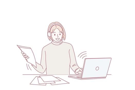 Smiling girl study online from home on computer vector