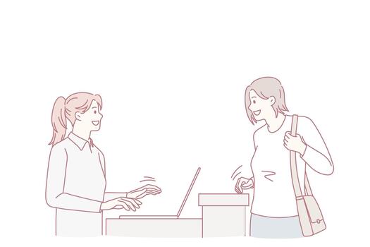 Smiling female client talk with receptionist at desk vector