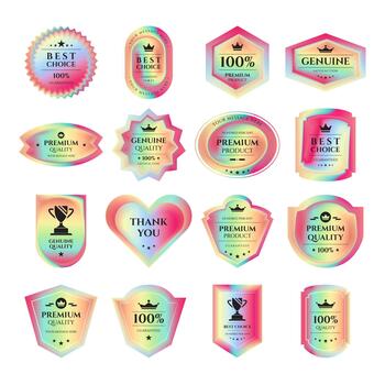 Holographic Gradient Quality Badges and Labels Set with Abstract Pastel Colors vector