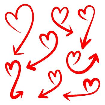 Handdrawn red heart arrows pointing in various directions on a white background conveying love and direction with a playful artistic touch vector