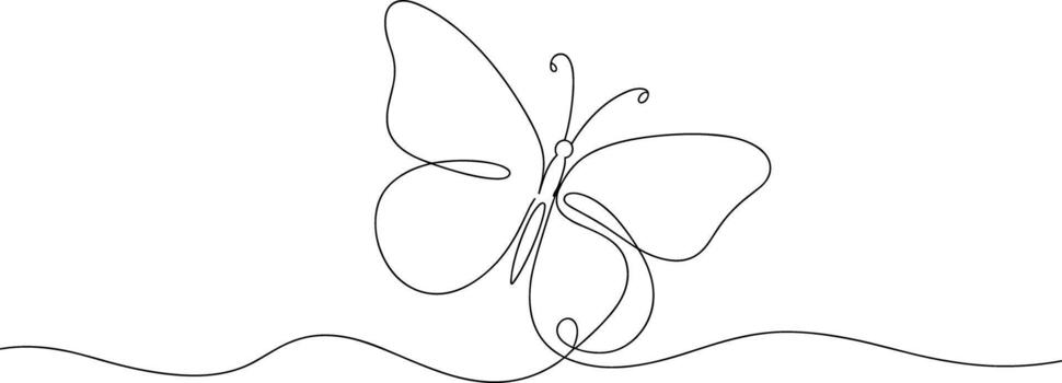 Single line drawing of a butterfly on a wavy line continuous line vector