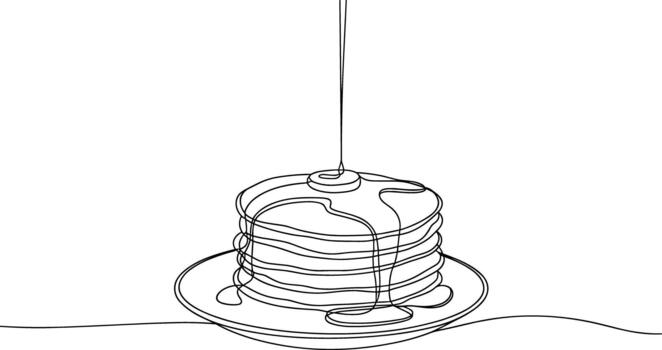 Stack of pancakes with syrup pouring in continuous line art vector