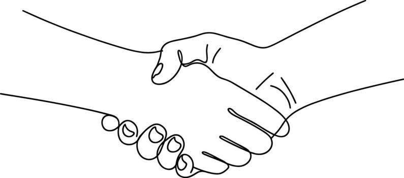 Two hands shaking in simple black line art handshake vector