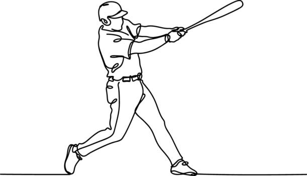 Baseball player swinging bat continuous line drawing vector