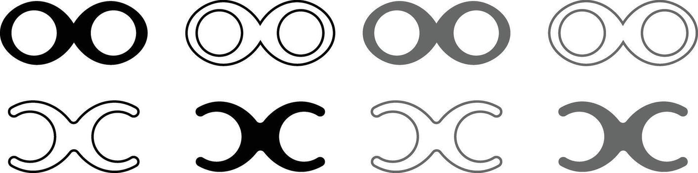 infinito lazo símbolos en diferente estilos, continuo movimiento o interminable concepto iconos, negro y gris contorno y sólido formas vector