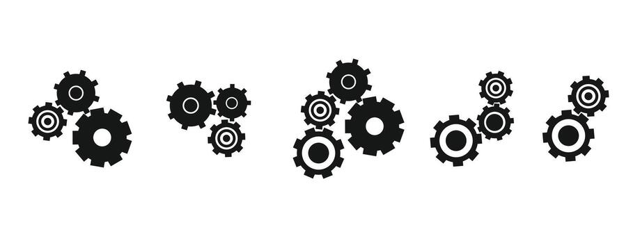 A set of mechanical gear icons featuring multiple cogwheel shapes in clean bold lines. vector