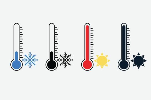 A colorful set of thermometer icons showing different temperature levels with weather symbols. vector