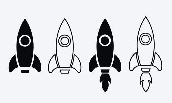 un limpiar conjunto de dibujos animados cohete formas con negrita contornos y sencillo lanzamiento detalles. vector