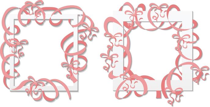 A soft pink ribbon arranged into a square frame with flowing curves and decorative bow accents. vector