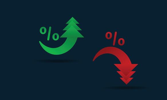 Neon-style up and down arrows representing rate movement with green growth and red decline indicators. vector