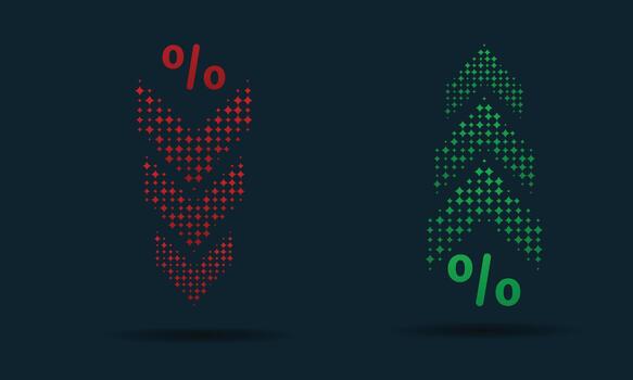 A digital dot-matrix arrow set showing rising and falling percentage indicators in neon colors. vector