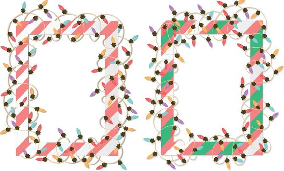 A Christmas-themed frame made of red and green string lights arranged neatly around a square border. vector