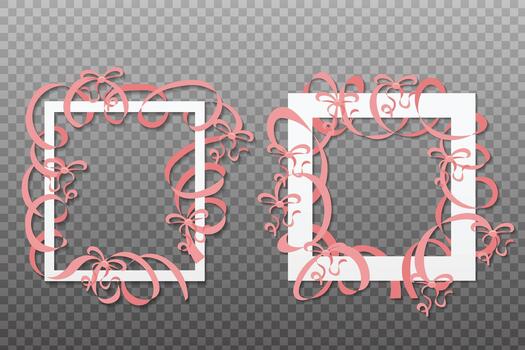 A square frame made of curly pink ribbons with swirling loops and decorative bows. vector