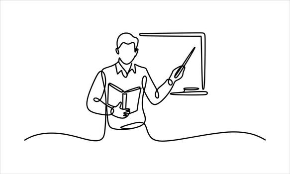Continuous line drawing of teacher lecturing at blackboard while holding book vector