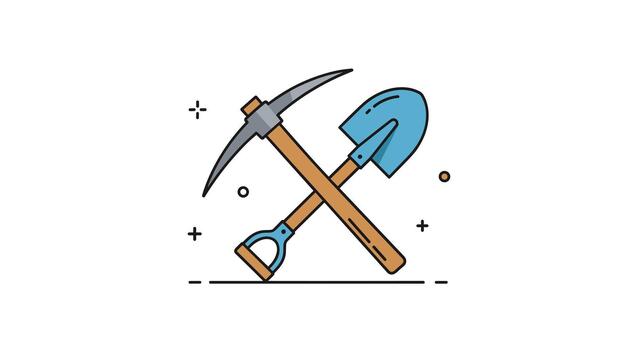 un simple, plano diseño ilustración representando un cruzado pico y pala, icónico herramientas para minería, construcción, o excavación trabajar. vector