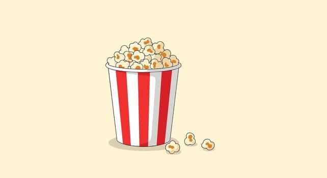 A vibrant illustration of a classic red and white striped popcorn bucket brimming with fluffy kernels, with a few pieces spilled on a simple light background. vector