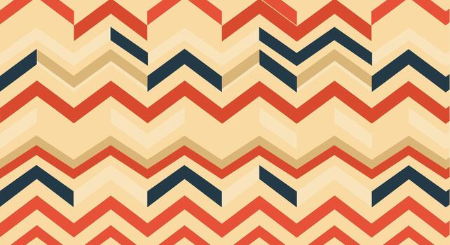 An abstract, seamless chevron pattern featuring a dynamic interplay of red, navy blue, and beige stripes on a soft cream-yellow background. vector