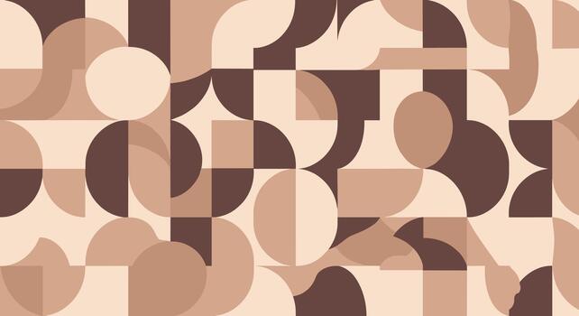 Seamless abstract geometric pattern in warm brown and beige tones, featuring interlocking circles, squares, and arcs for modern design. vector