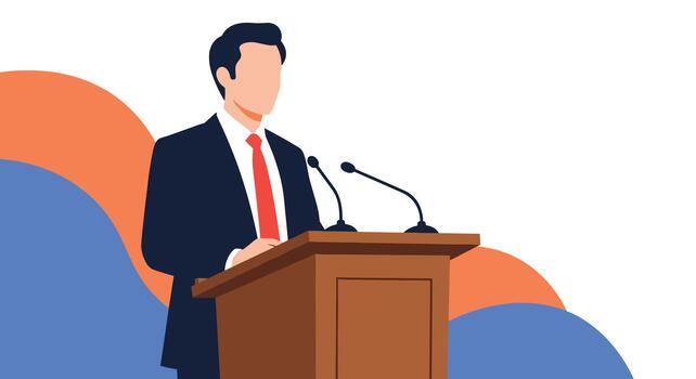 un profesional hombre en un traje y rojo Corbata entrega un habla desde un podio con micrófonos, conjunto en contra un moderno, resumen antecedentes. vector