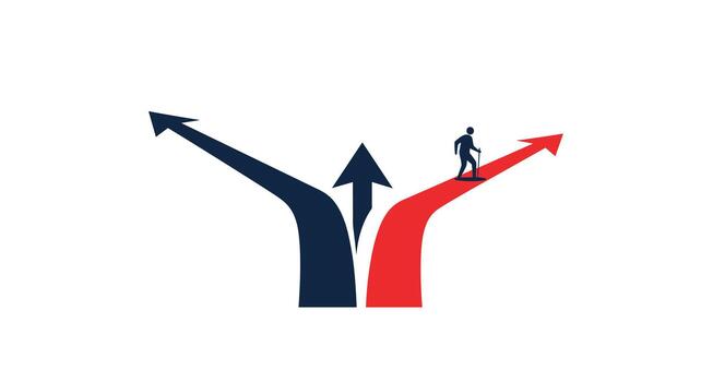 A person walks on a red arrow, symbolizing individual choice, direction, and determination to move forward on a chosen path at a decision point. vector