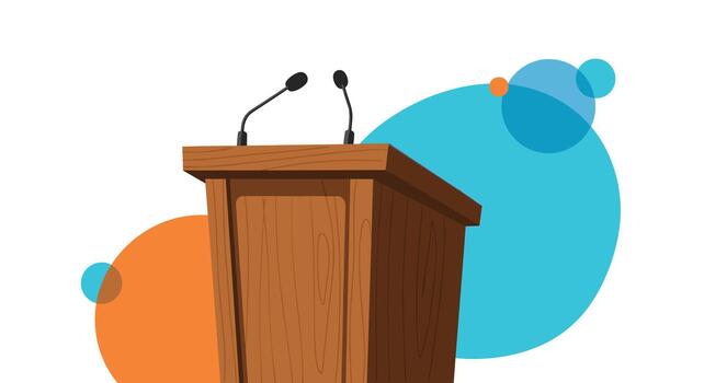 A classic wooden lectern with two microphones, ready for a speaker to deliver a presentation or address, set against vibrant, overlapping circles. vector