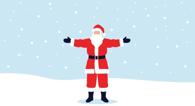 Jolly Santa Claus stands with open arms in a serene snowy field, embracing the tranquil winter day and gently falling snowflakes. vector