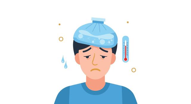 A person suffering from a fever, applying an ice pack to their head, with a thermometer indicating a high temperature. vector