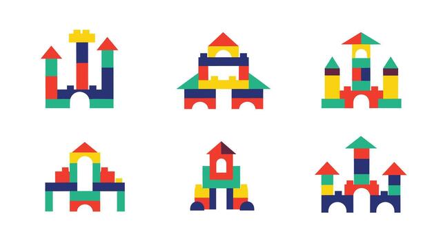 Six different colorful toy block castles and houses built from various shapes and sizes, arranged creatively on a white background. vector