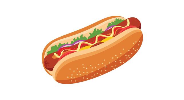 An appetizing cartoon illustration of a hot dog in a sesame seed bun, topped with fresh lettuce, sliced red onion, classic ketchup, and yellow mustard, isolated on a white background. vector