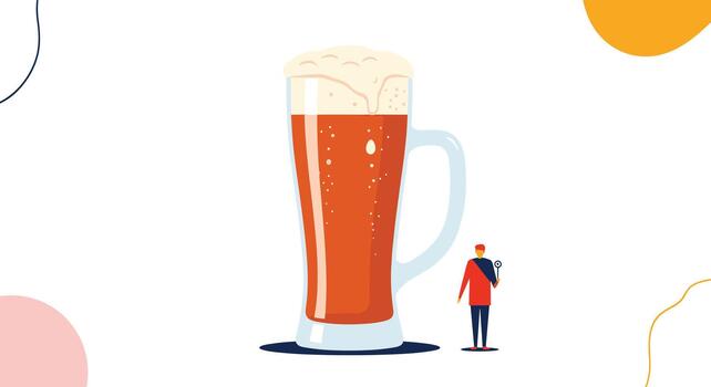 A small person with a magnifying glass stands next to a giant beer mug, emphasizing the scale and attention to detail. vector