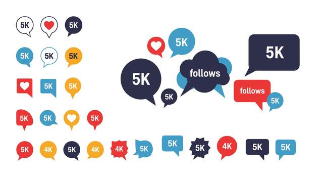 Set of social media notification icons and speech bubbles featuring follower counts like 5K and 4K, likes, and follows. vector