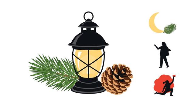 Cozy winter scene with a glowing black lantern, fresh pine branch, and pine cone, accompanied by symbolic moon and expressive figures. vector