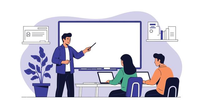 A male instructor explains a concept on a whiteboard to two students with laptops in a modern classroom setting. vector