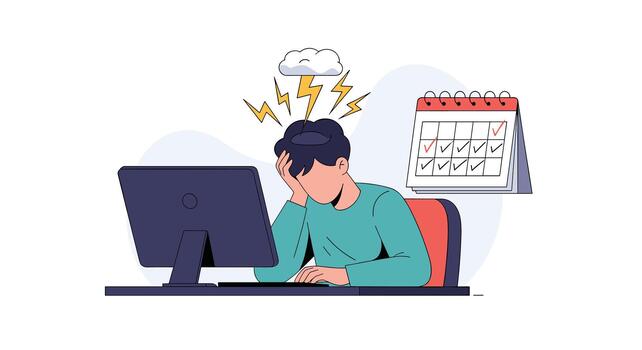 A frustrated worker or student is overwhelmed by stress and deadlines, symbolized by a thundercloud and a calendar full of tasks. vector