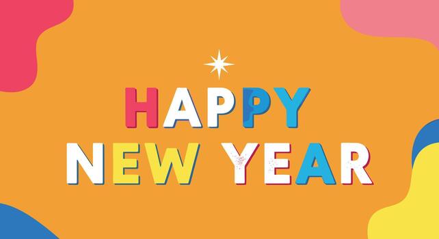 Bright and cheerful Happy New Year banner with festive typography and abstract wavy elements, perfect for a fresh start. vector