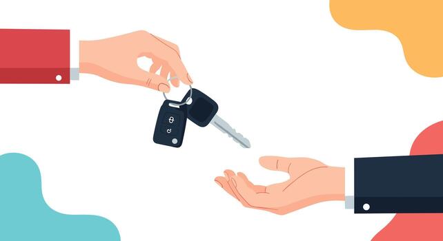 A person's hand hands over a set of car keys with a remote fob to another person's open palm, signifying a vehicle transaction or rental agreement. vector