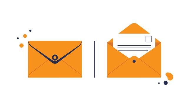 Illustration of two orange envelopes, one closed and sealed, the other open with a letter inside, symbolizing communication and mail. vector