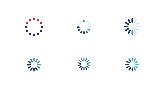 A grid of six diverse digital loading and buffering spinner icons, featuring minimalist designs in shades of blue and a unique red and blue dotted pattern. vector