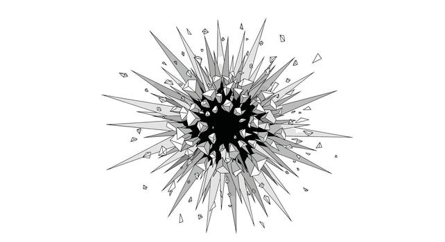 Abstract black and white illustration of an exploding or imploding spiky sphere with sharp fragments scattering from a dark central void. vector