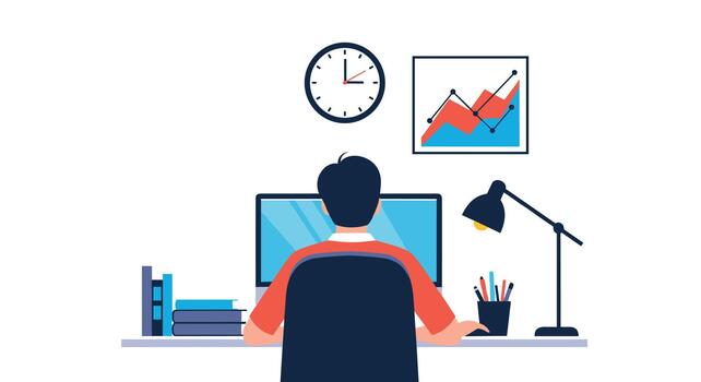 A person diligently works at their computer in a modern workspace, surrounded by tools for productivity, planning, and learning. vector